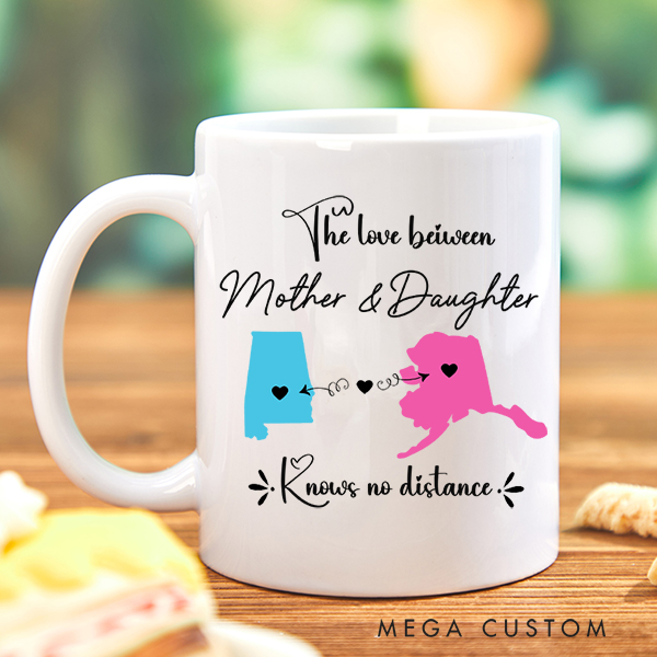 Personalized Mother Daughter Long Distance State Mug Hearts Over Cities Moving Away Gift For Mom and Daughter Mother Daughter Gift Housewarming Gift