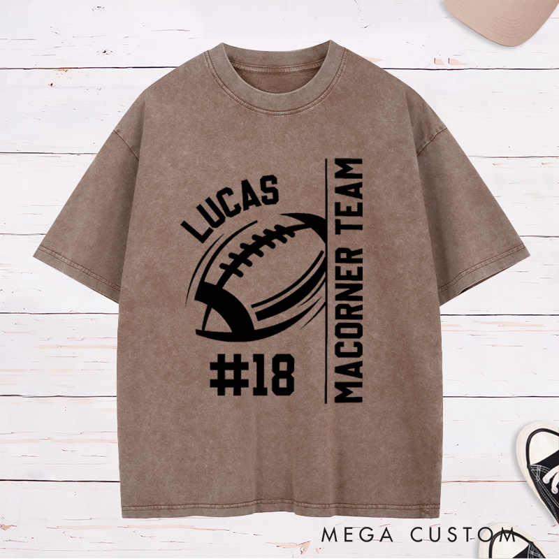 Personalized American Football and Rugby Design Washed T-Shirts Custom Mascot, Name and Number