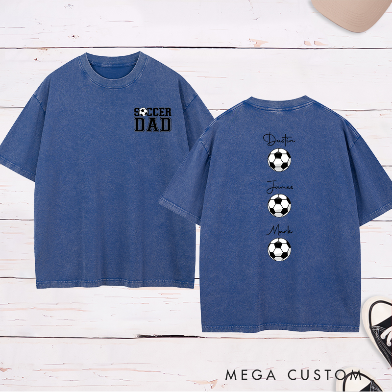 Personalized Soccer Dad Washed T-Shirt with Custom Kids’ Names and Ball Graphics