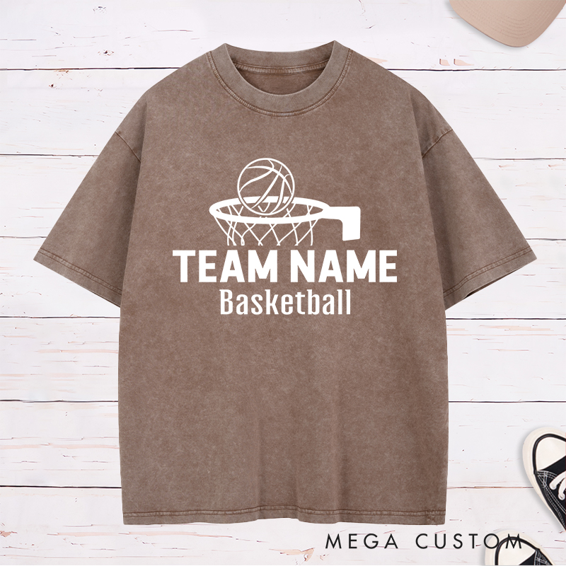 Personalized Washed T-Shirt Design Featuring a Basketball Hoop Graphic with Customizable Team Name and Basketball Text
