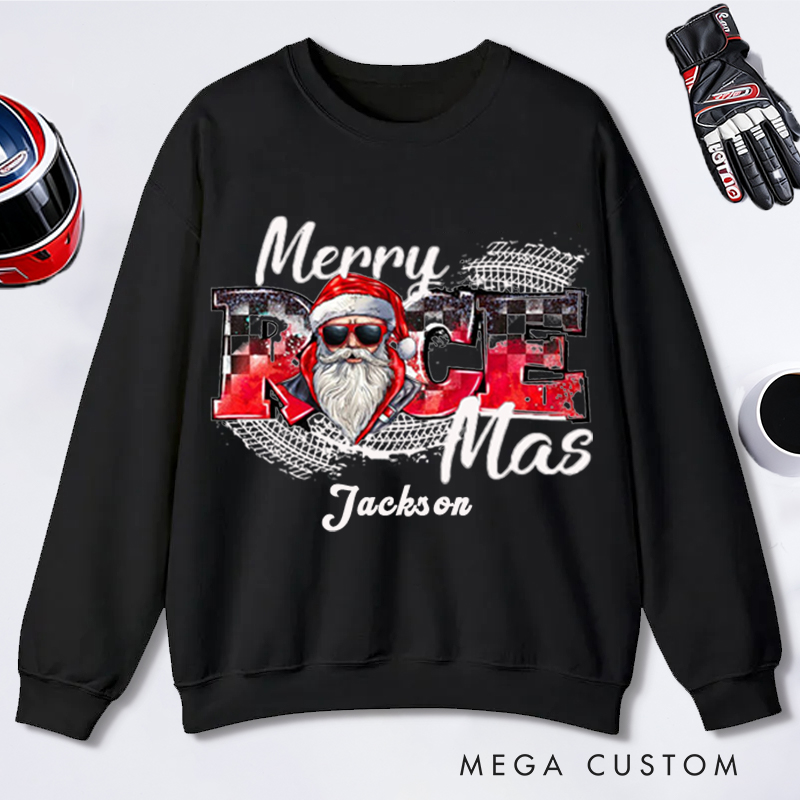 Personalized Merry Race Mas Sweatshirt Custom Name Racing Santa Christmas Pullover Gift for Racers and Racing Lovers
