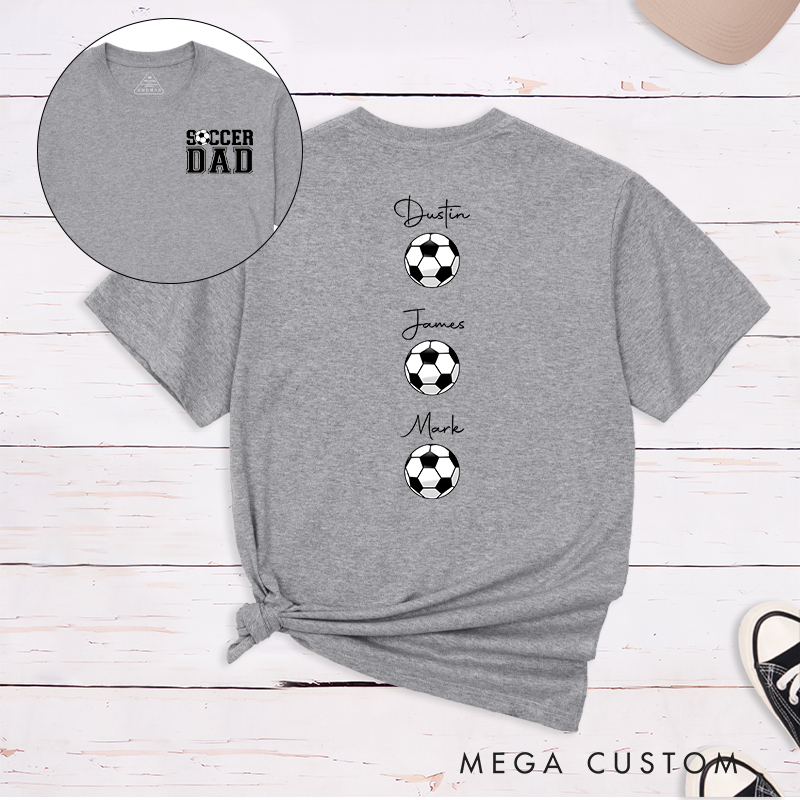 Personalized Soccer Dad T-Shirt with Custom Kids’ Names and Ball Graphics