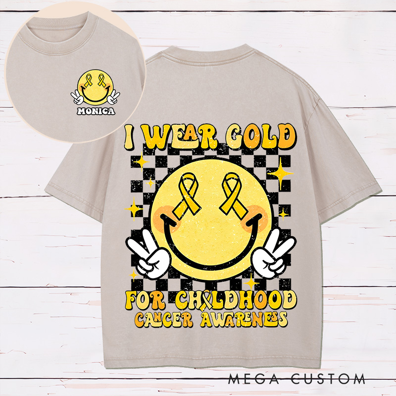 Personalized Two Sides Printed Washed T-Shirt Customized I Wear Gold for Childhood Cancer Awareness Design Washed T-Shirt 