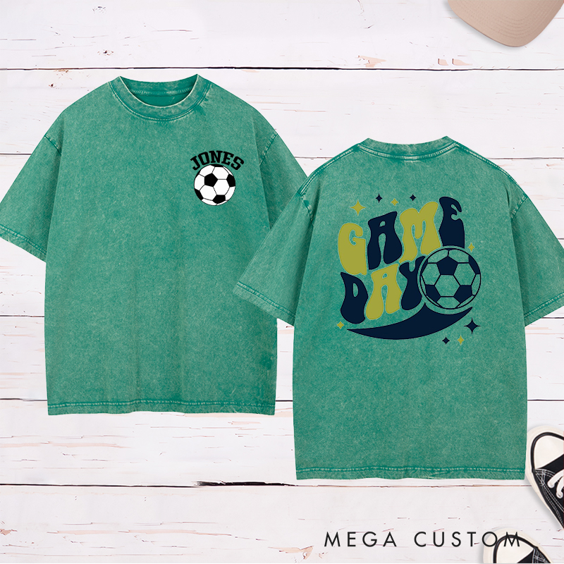 Personalized Game Day Washed T-Shirt  with Fun Retro Design and Custom Name and Number  