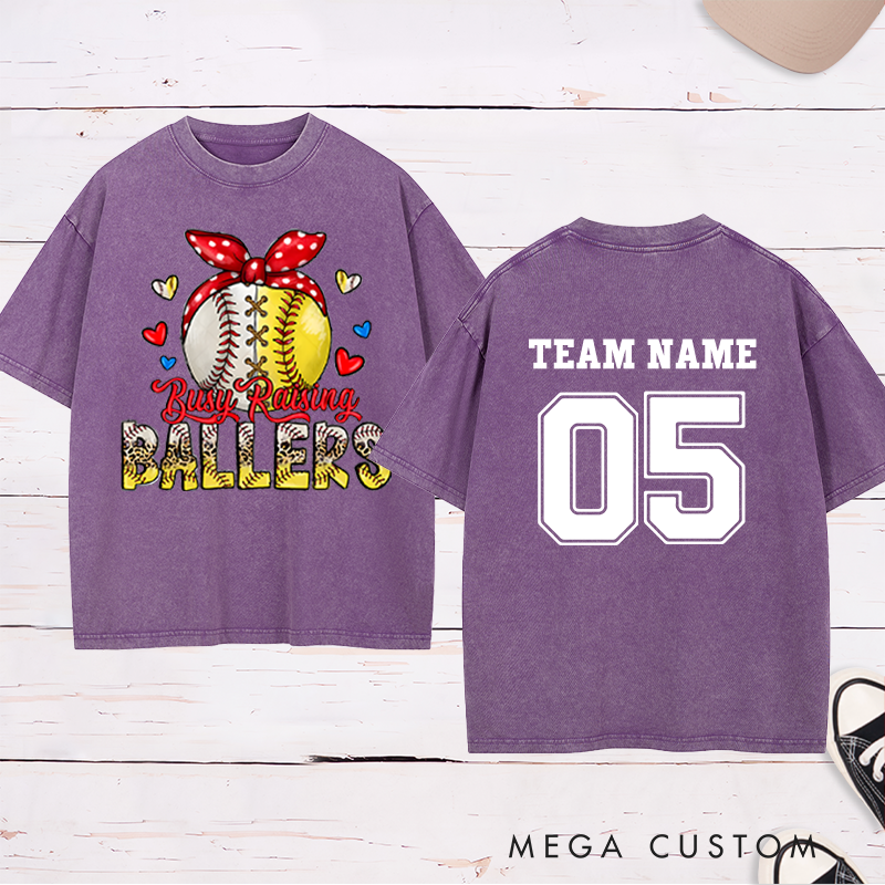 Personalized "Busy Raising Ballers" Washed T-Shirt with Custom Name and Number   