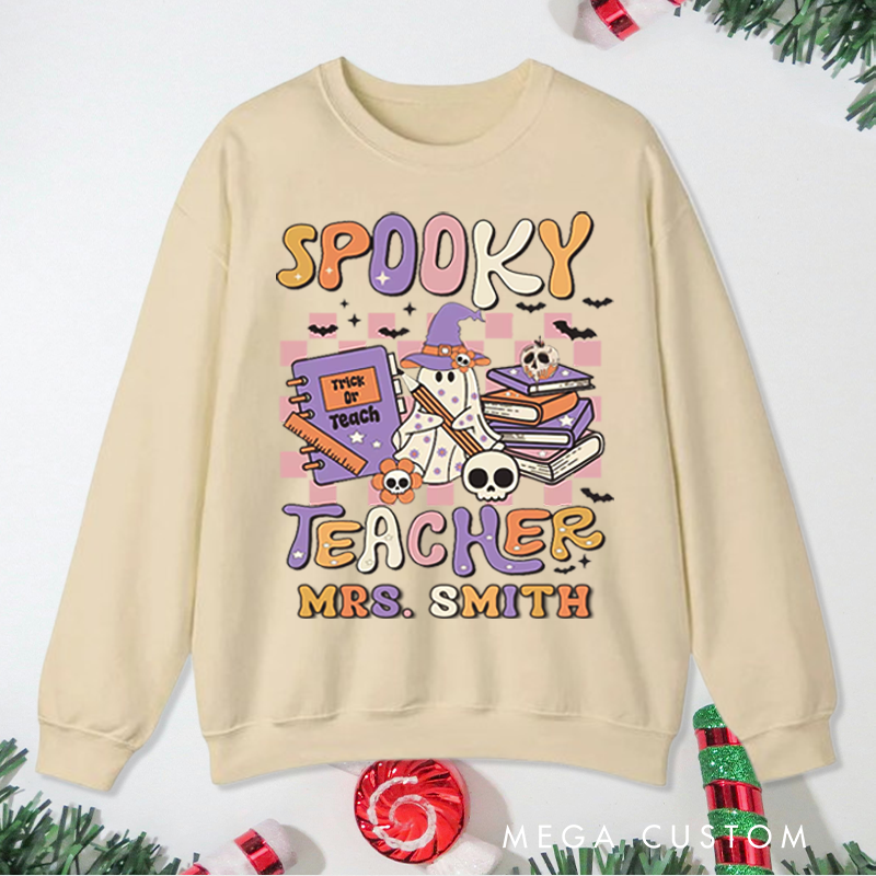 Personalized Teacher Halloween Sweatshirt Customized Spooky Teacher Ghost Design Sweatshirt Teacher Halloween Gifts
