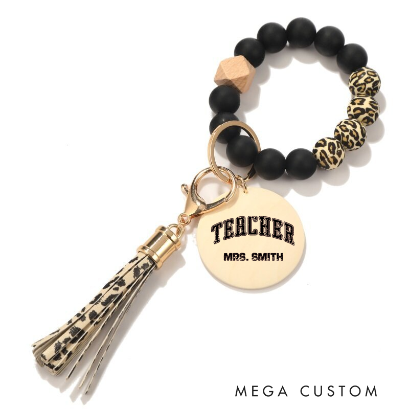 Personalized Teacher Keychain Teacher Design Silicone Beads Bracelet Keychain Wooden Engraved Wristlet Keychain Teacher Appreciation Gift