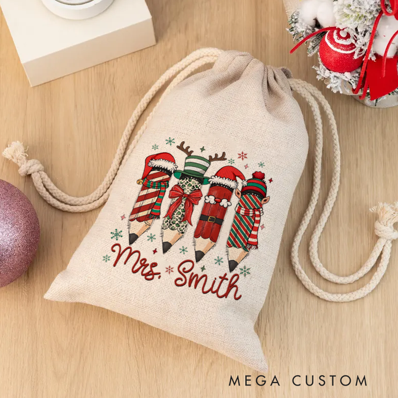 Personalised Christmas Santa Sack for Teachers Custom Santa Pencil Design Sack Christmas Gift