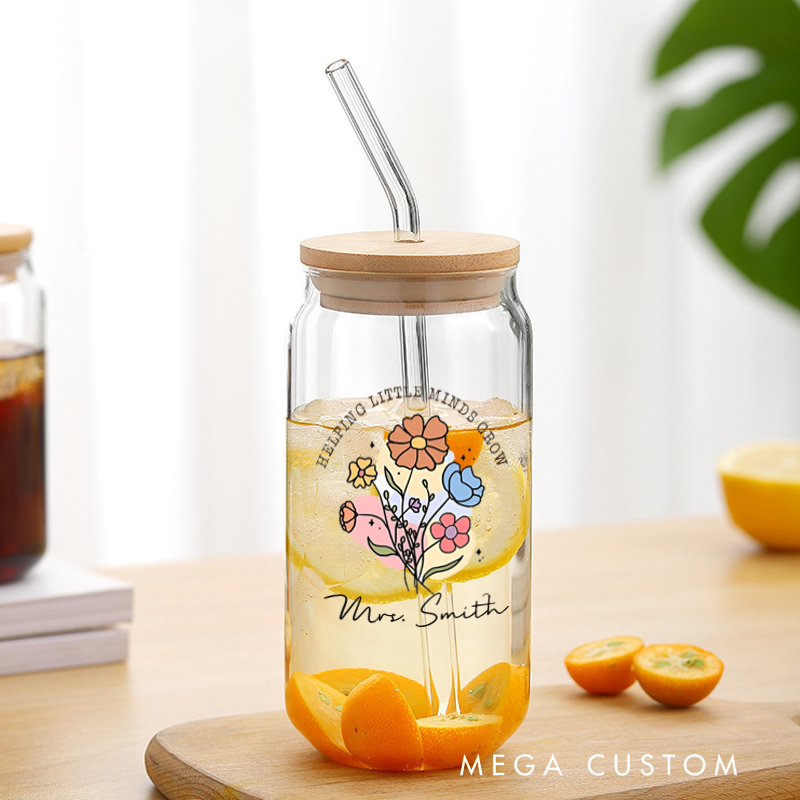 Personalized Teacher Tumbler with Lid and Straw Flowers Custom Glass Coffee Cup Teacher Appreciation Gift