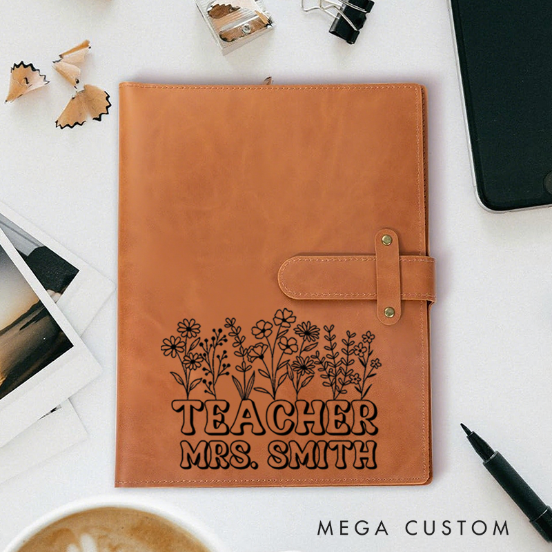Personalized Teacher A5 Leather Notebook Cover with Pocket Flower Teacher Design Appreciation Gift for Teachers