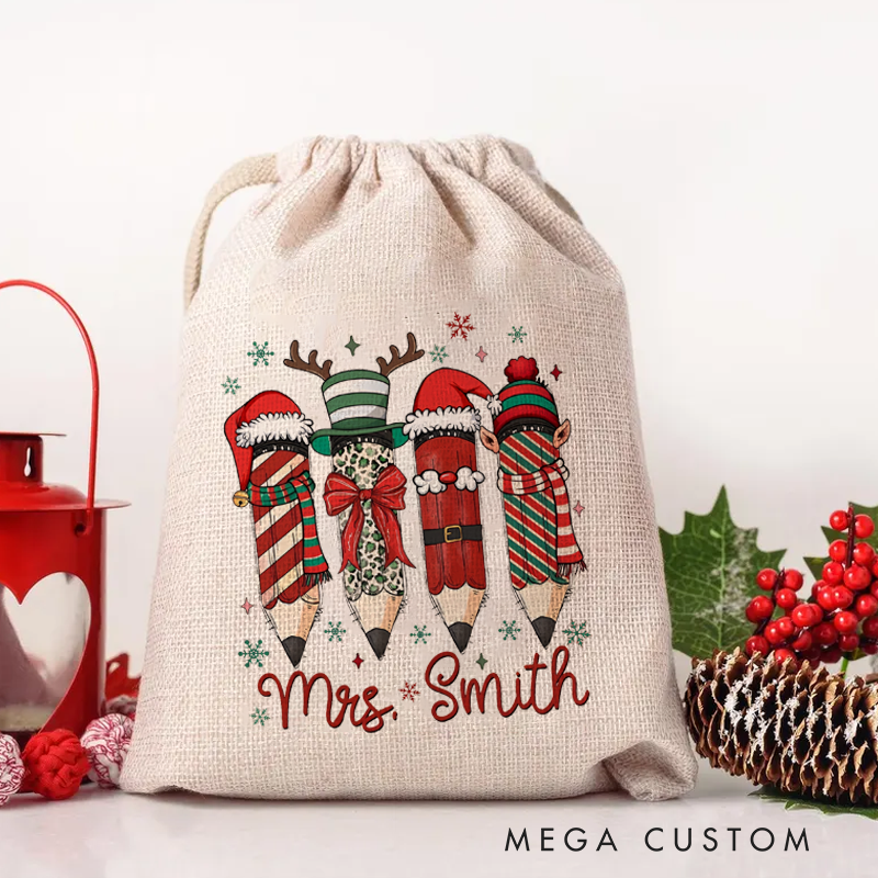Personalised Christmas Santa Sack for Teachers Custom Santa Pencil Design Sack Christmas Gift