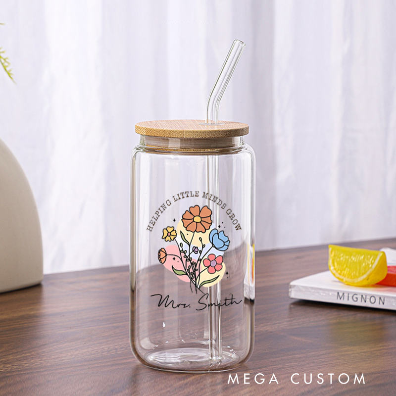 Personalized Teacher Tumbler with Lid and Straw Flowers Custom Glass Coffee Cup Teacher Appreciation Gift