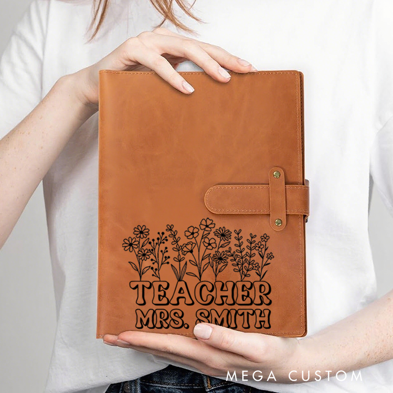 Personalized Teacher A5 Leather Notebook Cover with Pocket Flower Teacher Design Appreciation Gift for Teachers