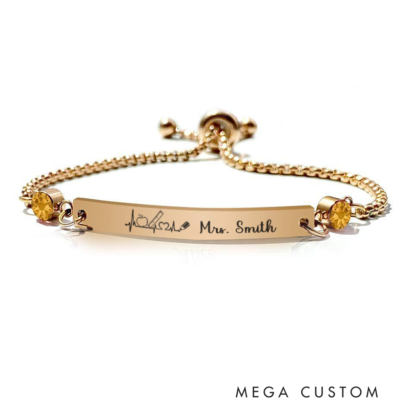 Personalized Birthstone Bracelet for Teacher Electrocardiogram Engraved Bracelet Jewelry Gift for Teachers