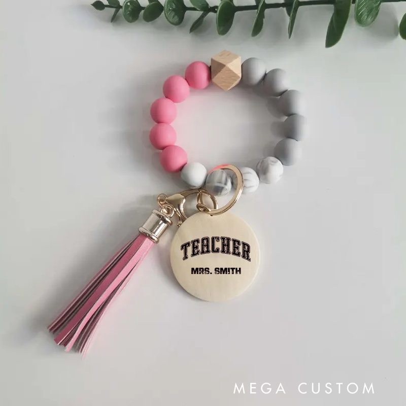 Personalized Teacher Keychain Teacher Design Silicone Beads Bracelet Keychain Wooden Engraved Wristlet Keychain Teacher Appreciation Gift