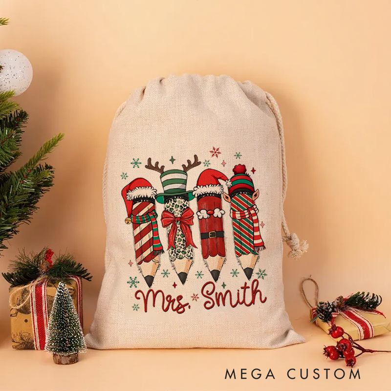 Personalised Christmas Santa Sack for Teachers Custom Santa Pencil Design Sack Christmas Gift