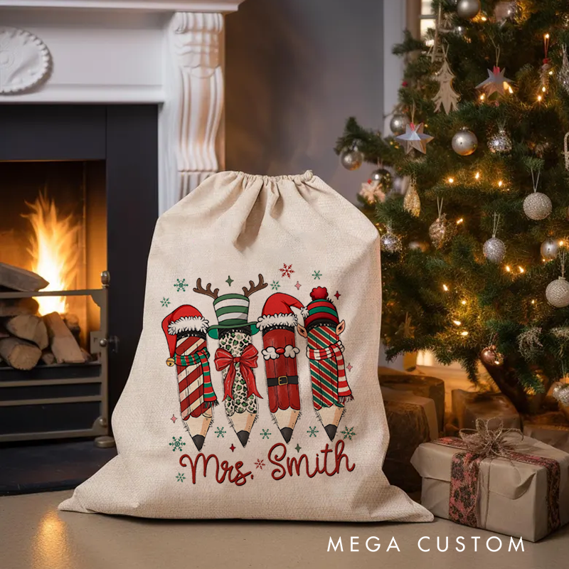 Personalised Christmas Santa Sack for Teachers Custom Santa Pencil Design Sack Christmas Gift