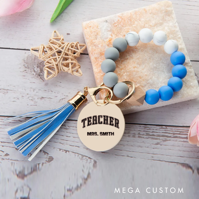 Personalized Teacher Keychain Teacher Design Silicone Beads Bracelet Keychain Wooden Engraved Wristlet Keychain Teacher Appreciation Gift