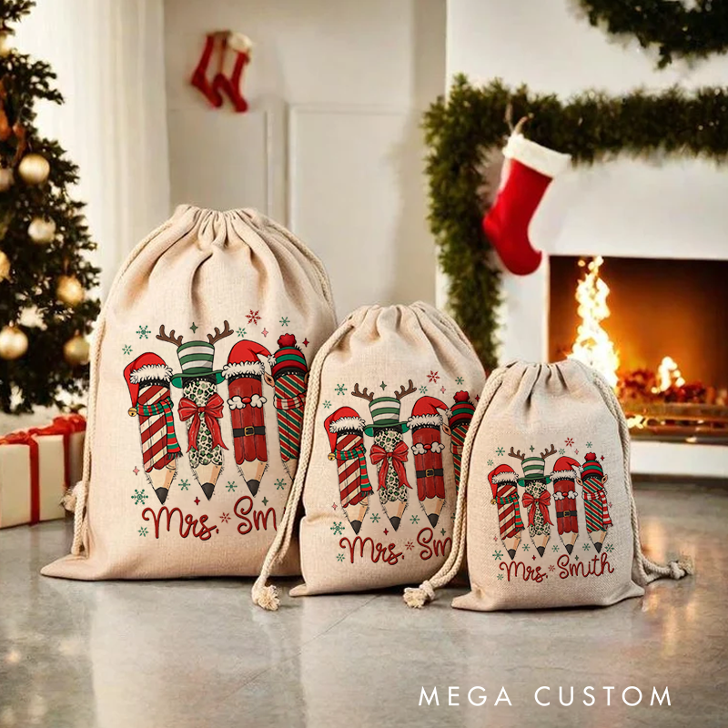 Personalised Christmas Santa Sack for Teachers Custom Santa Pencil Design Sack Christmas Gift