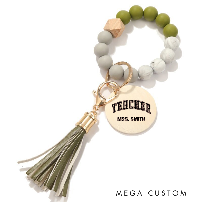 Personalized Teacher Keychain Teacher Design Silicone Beads Bracelet Keychain Wooden Engraved Wristlet Keychain Teacher Appreciation Gift