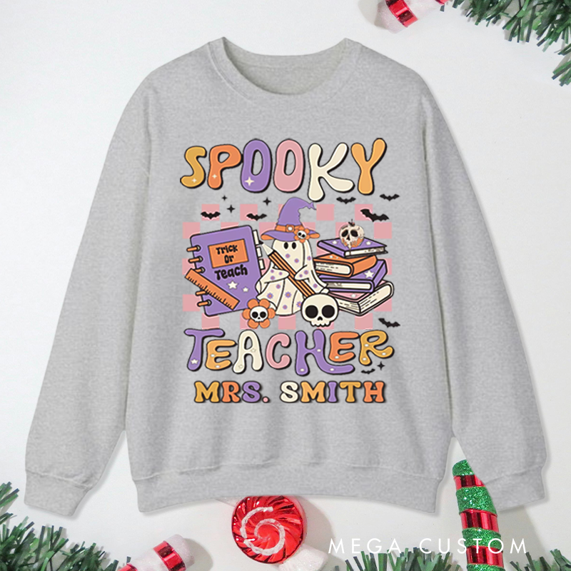 Personalized Teacher Halloween Sweatshirt Customized Spooky Teacher Ghost Design Sweatshirt Teacher Halloween Gifts