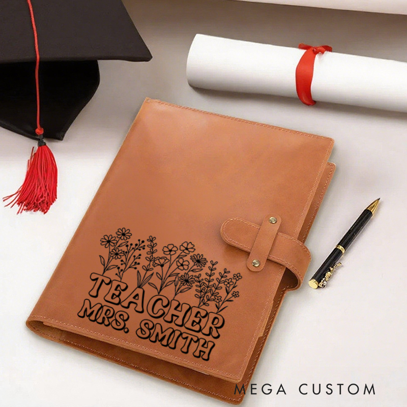 Personalized Teacher A5 Leather Notebook Cover with Pocket Flower Teacher Design Appreciation Gift for Teachers