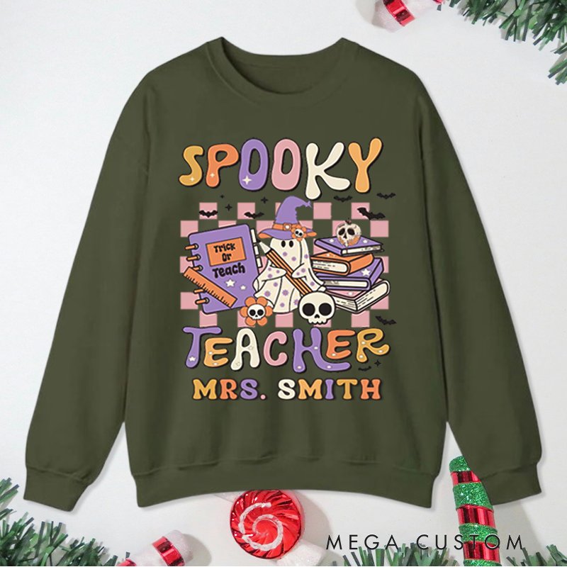 Personalized Teacher Halloween Sweatshirt Customized Spooky Teacher Ghost Design Sweatshirt Teacher Halloween Gifts
