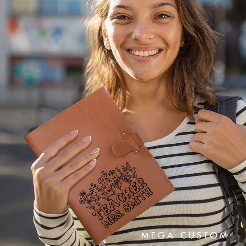 Personalized Teacher A5 Leather Notebook Cover with Pocket Flower Teacher Design Appreciation Gift for Teachers