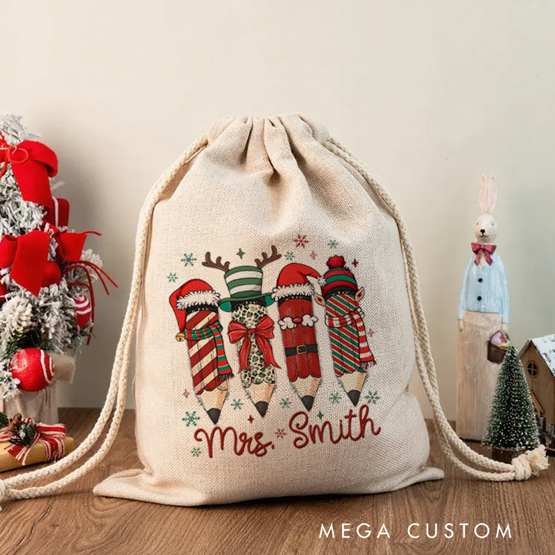 Personalised Christmas Santa Sack for Teachers Custom Santa Pencil Design Sack Christmas Gift