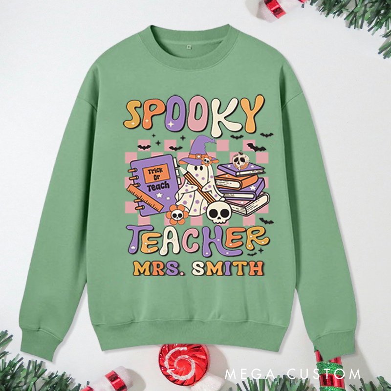 Personalized Teacher Halloween Sweatshirt Customized Spooky Teacher Ghost Design Sweatshirt Teacher Halloween Gifts