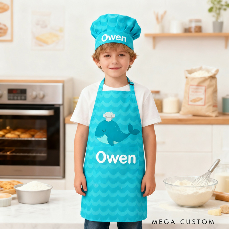 Personalized Cute Whale Adjustable Kid Apron Chef Hat Set with Name for Cooking Birthday Gift for Kids