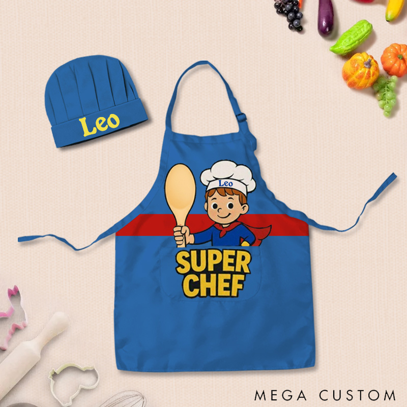 Personalized Cartoon Style Adjustable Apron Chef Hat Set with Pocket and Name for Cooking Birthday Holiday Gift for Kids