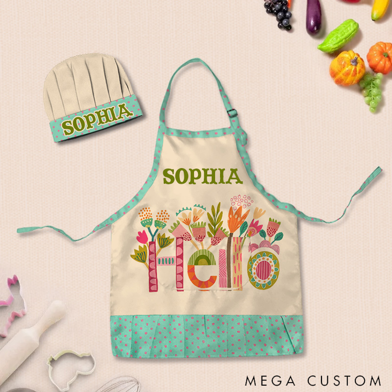 Personalized Floral Pattern Adjustable Kid Apron Chef Hat Set with Pocket and Name for Cooking Baking Birthday Holiday Gift for Kids