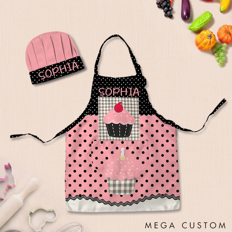 Personalized Polka Dot Color Block Cake Adjustable Kid Apron Chef Hat Set with Pocket and Name for Cooking Baking Birthday Holiday Gift for Kids