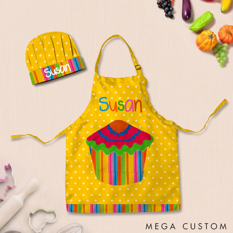Personalized Colorful Polka Dot Cake Adjustable Kid Apron Chef Hat Set with Pocket and Name for Cooking Baking Birthday Holiday Gift for Kids