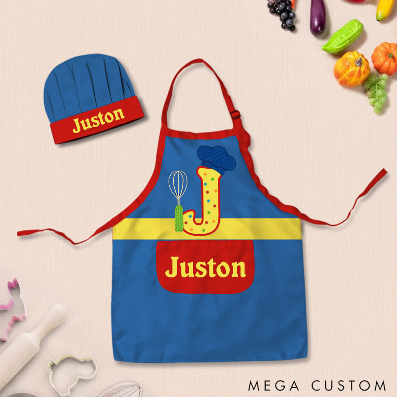 Personalized Letter Remix Color Block Adjustable Kid Apron Chef Hat Set with Pocket and Name for Cooking Baking Birthday Holiday Gift for Kids