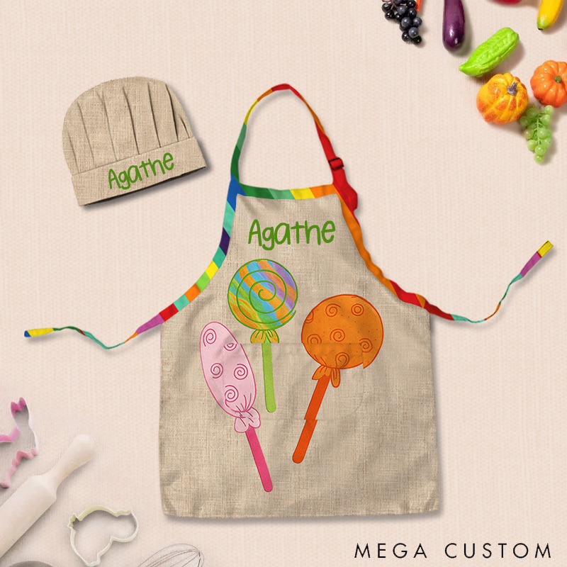 Personalized Colorful Lollipop Adjustable Kid Apron Chef Hat Set with Pocket and Name for Cooking Baking Birthday Holiday Gift for Kids