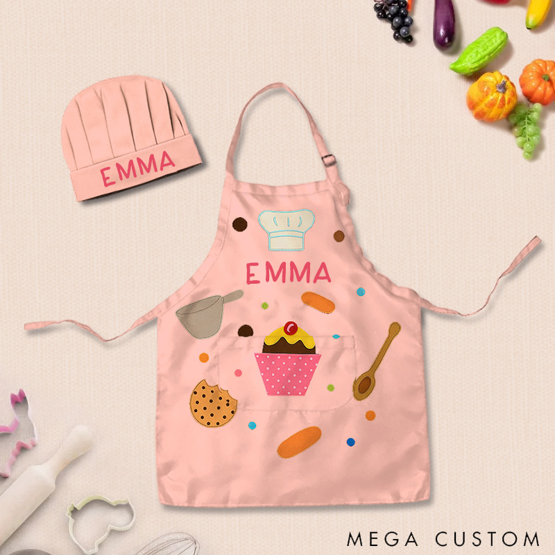 Personalized Cooking Elements Adjustable Kid Apron Chef Hat Set with Pocket and Name for Cooking Baking Birthday Holiday Gift for Kids