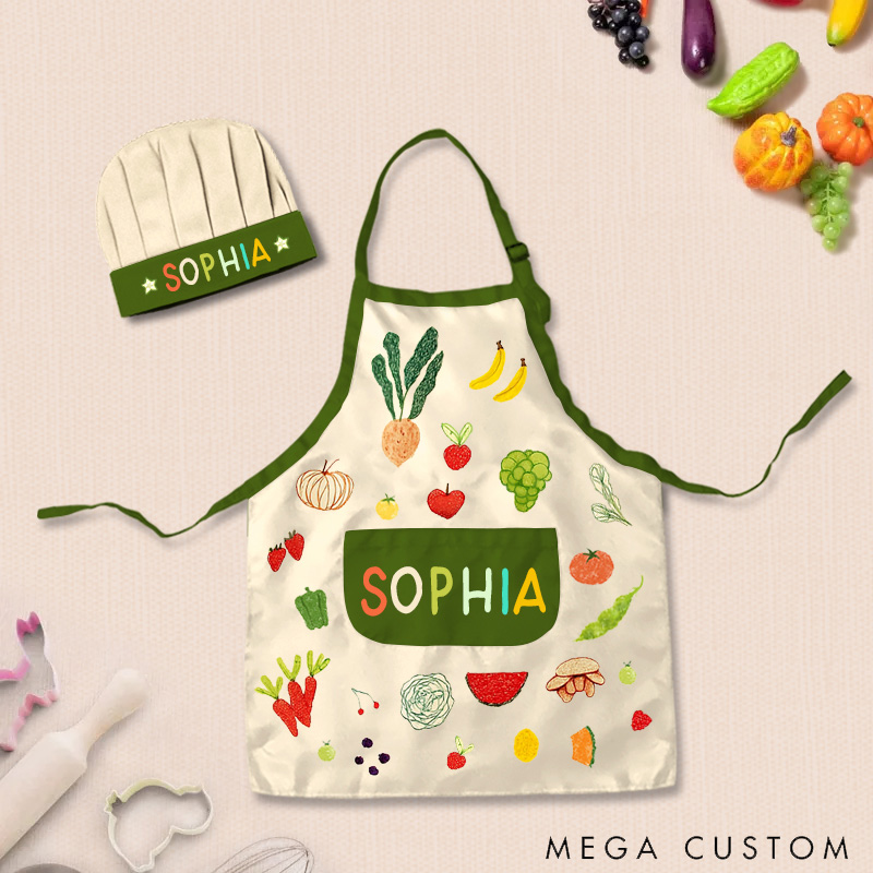 Personalized Hand Drawn Fruits Vegetables Adjustable Kid Apron Chef Hat Set with Pocket and Name for Cooking Baking Birthday Holiday Gift for Kids