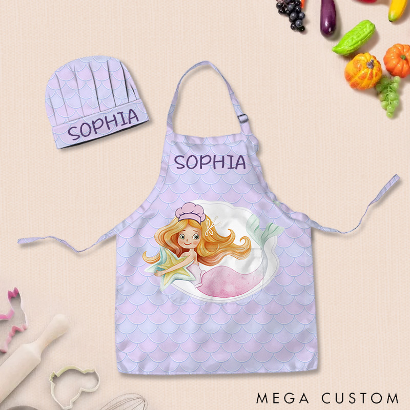 Personalized Ombre Mermaid Full Print Adjustable Kid Apron Chef Hat Set with Pocket and Name for Cooking Baking Birthday Holiday Gift for Kids