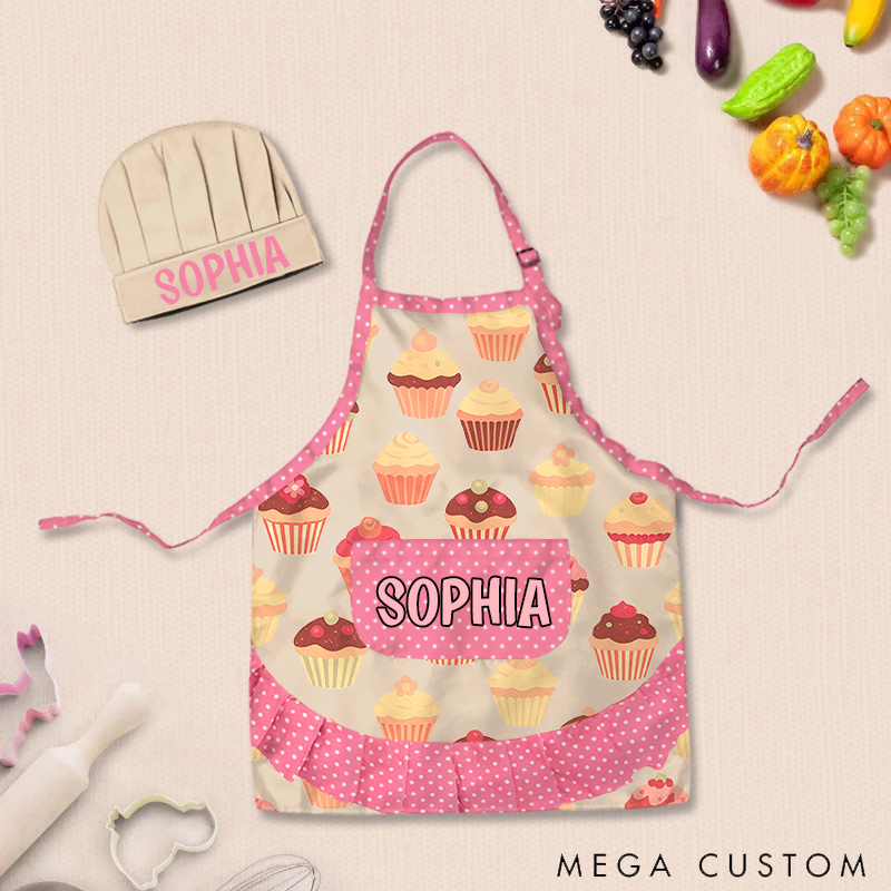 Personalized Cupcake Polka Dot Patchwork Adjustable Kid Apron Chef Hat Set with Pocket and Name for Cooking Baking Birthday Holiday Gift for Kids
