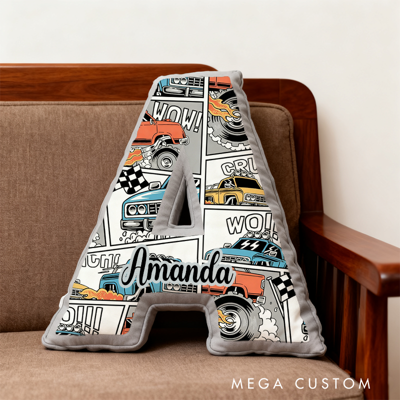 Personalized Monster Truck Letter Shaped Pillow Custom Name Design Car Enthusiasts and Motorsport Fans Gift