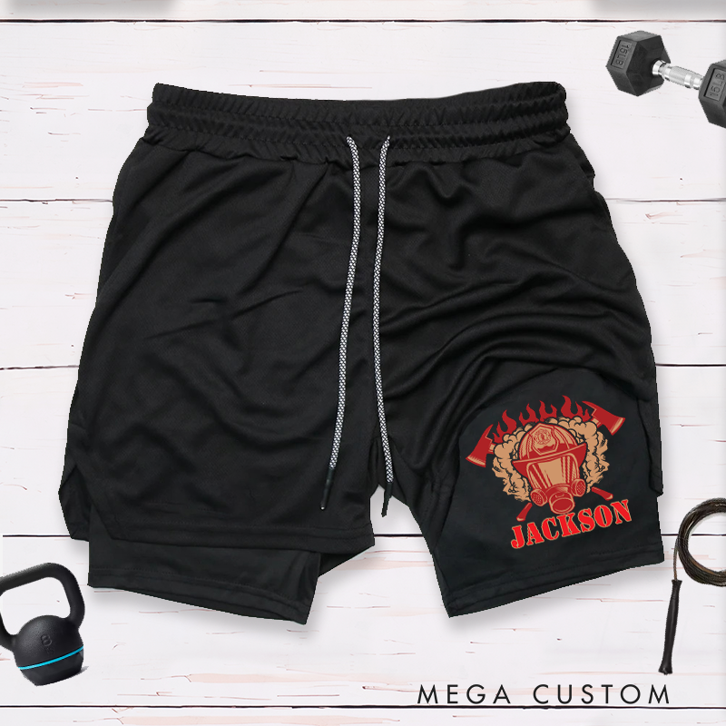 Personalized Firefighter 2 in 1 Hybrid Sport Shorts with Flame and Helmet Design Gift for Firefighter