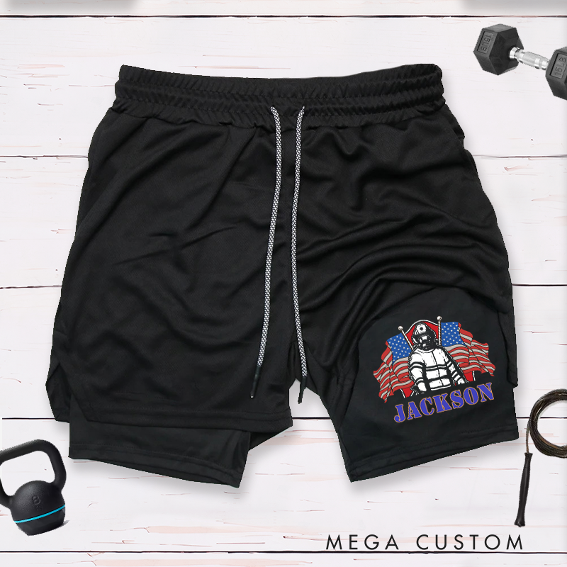 Personalized Firefighter 2 in 1 Hybrid Sport Shorts with American Flag and Firefighter Design Gift for Firefighter