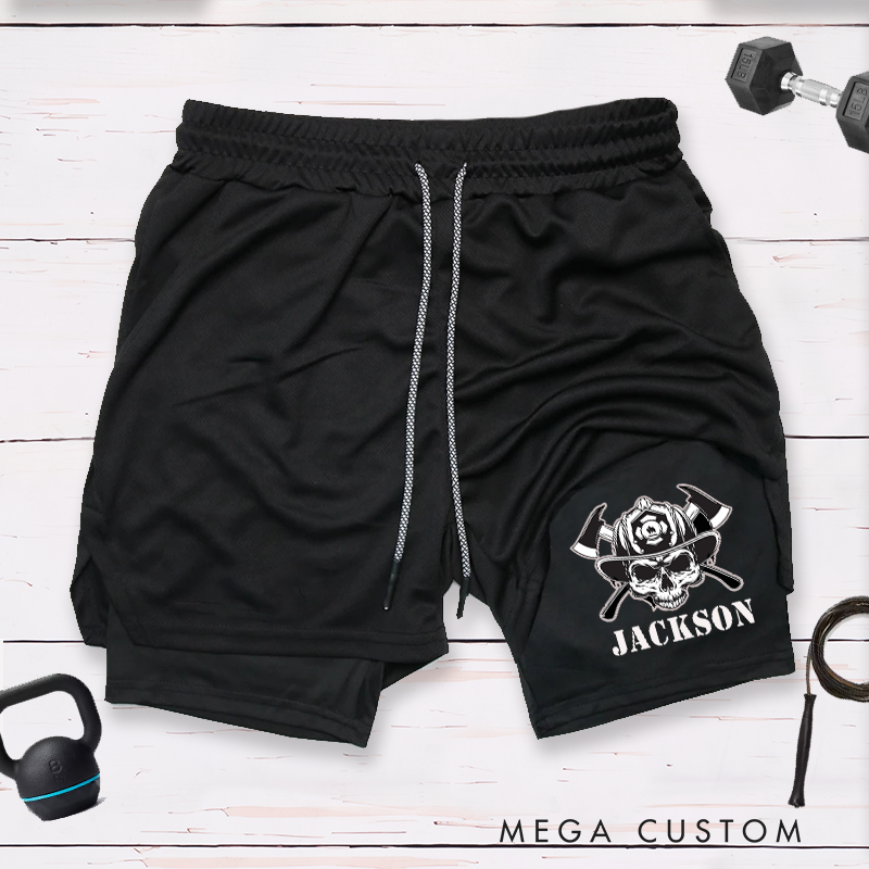 Personalized Firefighter 2 in 1 Hybrid Sport Shorts with Skull and Axe Design Gift for Firefighter