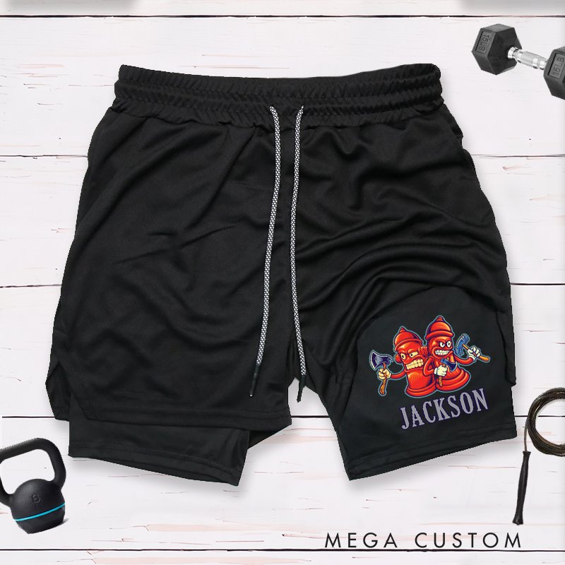 Personalized Firefighter 2 in 1 Hybrid Sport Shorts with Fire Hydrant and Axe Design Gift for Firefighter