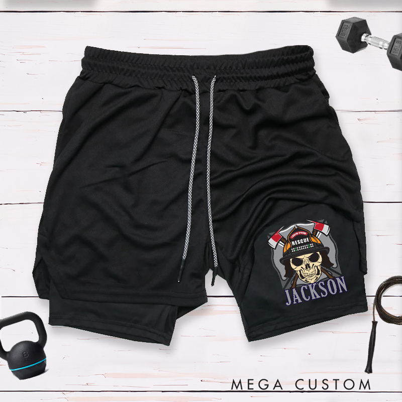 Personalized Firefighter 2 in 1 Hybrid Sport Shorts with Skull and Firefighter Helmet Design Gift for Firefighter