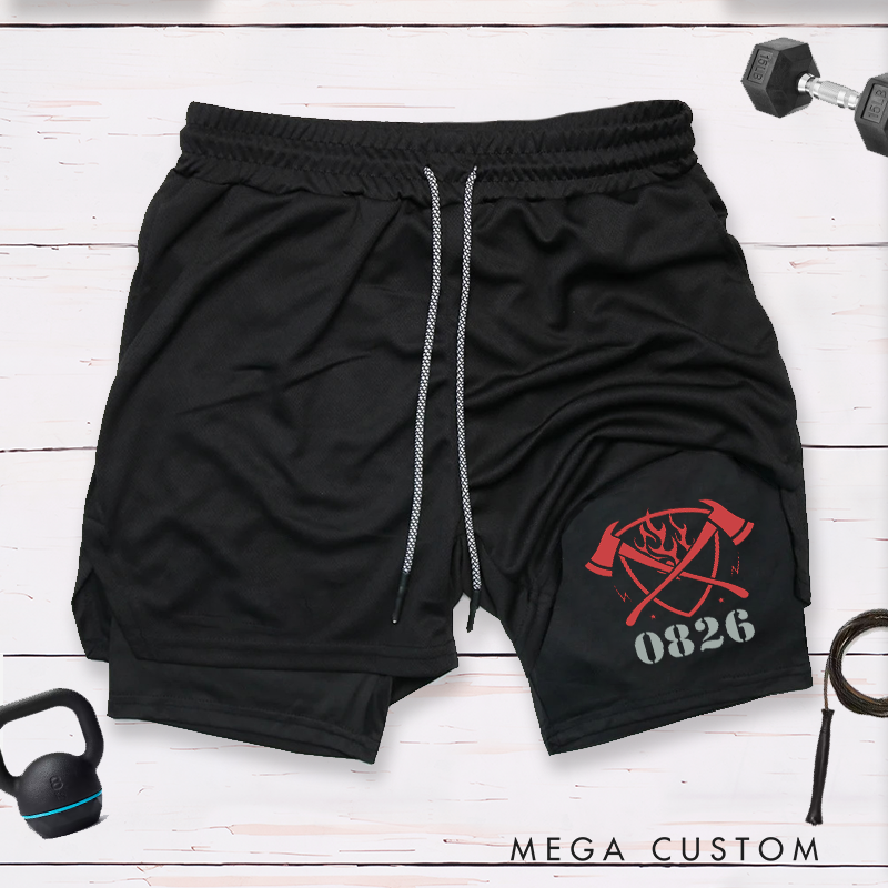 Personalized Firefighter 2 in 1 Hybrid Sport Shorts with Crossed Axes and Flame Design Gift for Firefighter