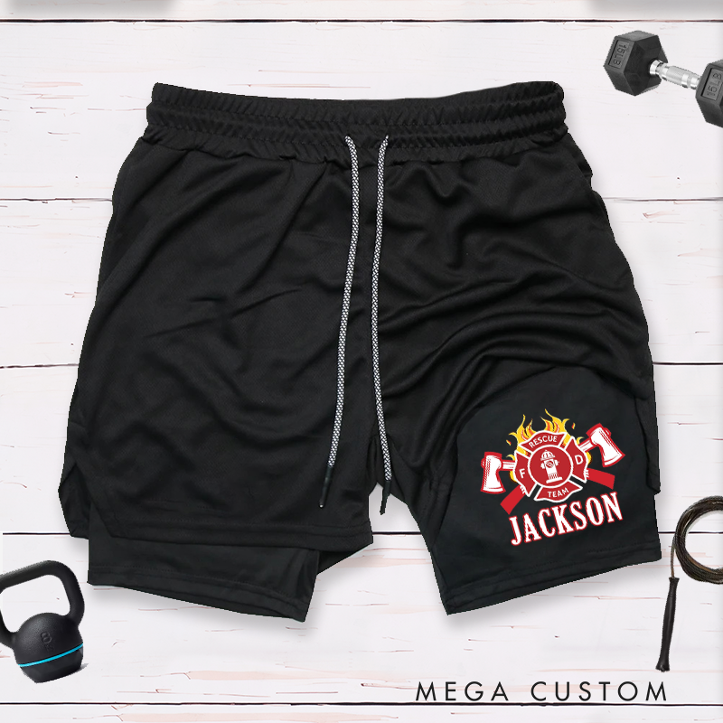 Personalized Firefighter 2 in 1 Hybrid Sport Shorts with Fire Department Emblem Design Gift for Firefighter