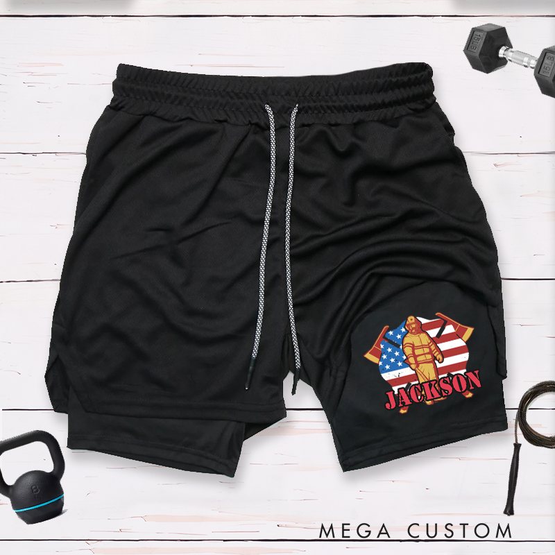 Personalized Firefighter 2 in 1 Hybrid Sport Shorts with Firefighter and American Flag Design Gift for Firefighter